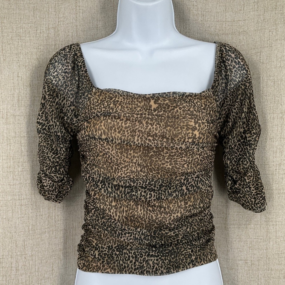 Anthropologie Top Women XXS Brown Leopard Ruched Mesh Square Neck Mob Wife Indie